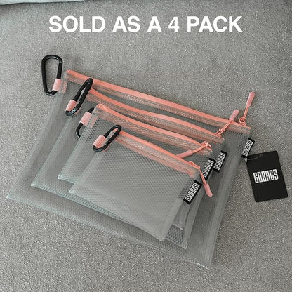 GOBAGS Air Production Multi‑Size Clear Zipper Pouch (4‑Pack) – Cable Organizer & Travel Gear Bag for Electronics, Camera Accessories, Tool Pouch & Small Tech Storage (Pink)