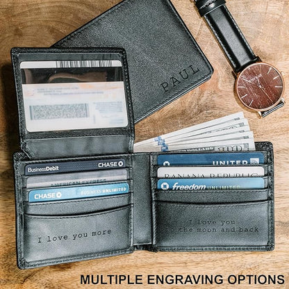 STAY FINE Personalized Wallet for Men, Custom Engraved Leather RFID Blocking Bifold, 2 ID Windows, 8 Card Slots, Gift for Him, Black