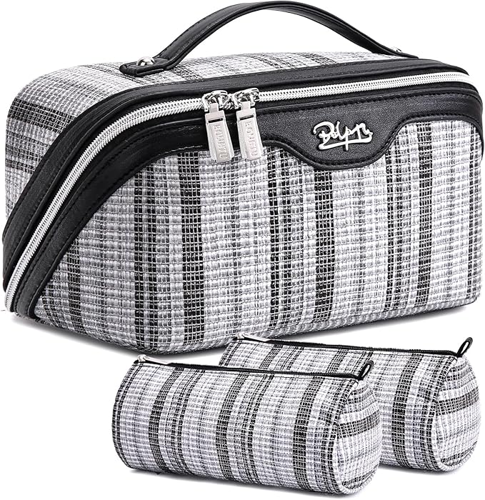 BOYATU Travel Makeup Bag for Women: Large Capacity Open Flat Make up Bag Set of 3 - Vegan Leather Cosmetic Bag with Compartments - Waterproof Toiletry Bag with Handle & Divider(I-2-Black)