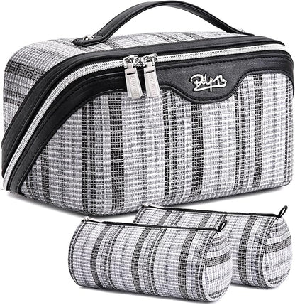 BOYATU Travel Makeup Bag for Women: Large Capacity Open Flat Make up Bag Set of 3 - Vegan Leather Cosmetic Bag with Compartments - Waterproof Toiletry Bag with Handle & Divider(I-2-Black)