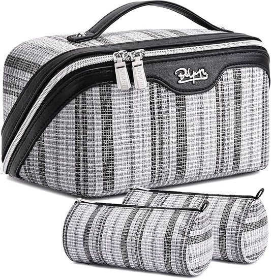 BOYATU Travel Makeup Bag for Women: Large Capacity Open Flat Make up Bag Set of 3 - Vegan Leather Cosmetic Bag with Compartments - Waterproof Toiletry Bag with Handle & Divider(I-2-Black)