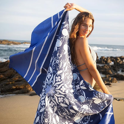 Quick Dry Towel Extra Large 78x35 Inch - Microfiber Beach Towel - Perfect for Beach, Travel, Swimming, Pool, Yoga, Hiking, Camping - Lightweight, Fast Drying, Compact for Adults (Blue Flower)
