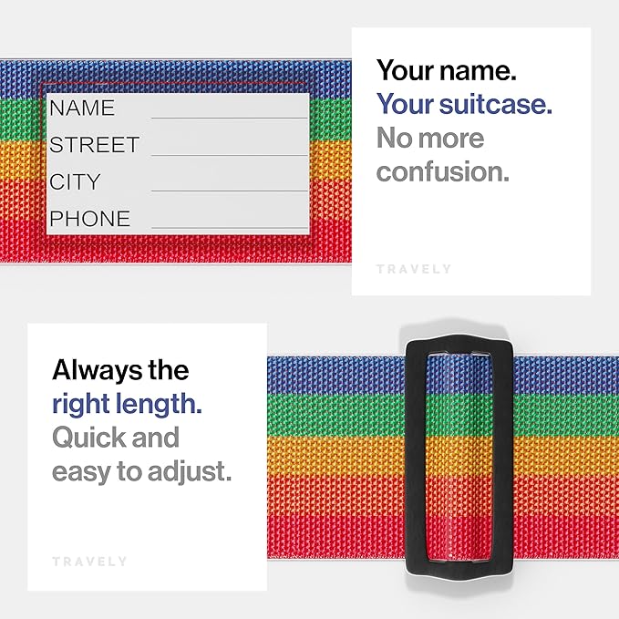 TRAVELY Luggage Straps - Particularly conspicuous & Secure - Incl. 4 Name Tags - Luggage Strap Ideal crosswise - [Set of 4]