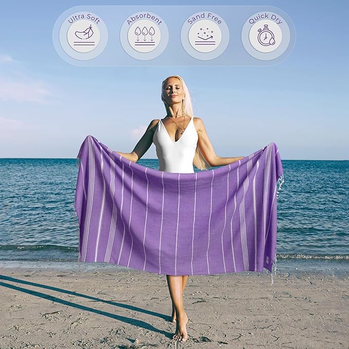 Turkish Beach Towel Soft & Compact Oversized (39" x 71") - Quick Dry, Versatile and Functional as Travel and Picnic Blanket, Pool and Bath Towel/Yoga Mat - Dark Lilac