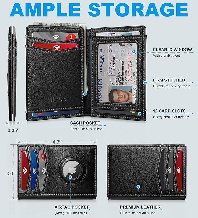 Airtag Slim Leather Wallet for Men - 12-Card Capacity, Magnetic Closure, Money Clip & Simplified Bill Compartment, RFID Blocking (4.3" x 3.0") | Gift Boxed