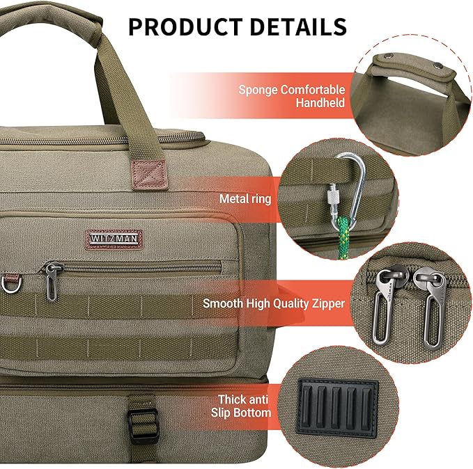 WITZMAN Duffle Bag for Men 50L Canvas Weekender Overnight Bag with Toiletry Bag Sets Travel Duffel Bag Shoes Compartment(A8010-2 Army Green)