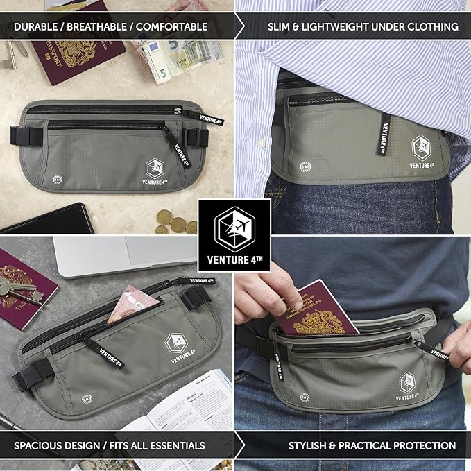 VENTURE 4TH Travel Money Belt - Slim Passport Holder RFID Blocking Travel Pouch to Protect Cash, Credit Cards and Travel Documents (Gray)