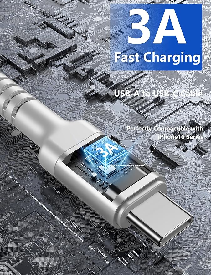 USB C Cable [2 Pack, 10FT], Long USB A to USB C Charger Cable, Type C Cable 3A Fast Charging Upgraded Extra Durable Braided USBC Cord for iPhone 17/16 15 Pro Max/Samsung Galaxy S23/LG and More-Silver