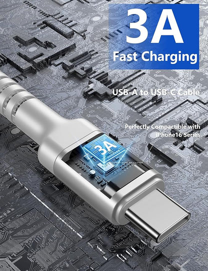 USB C Cable [2 Pack, 10FT], Long USB A to USB C Charger Cable, Type C Cable 3A Fast Charging Upgraded Extra Durable Braided USBC Cord for iPhone 17/16 15 Pro Max/Samsung Galaxy S23/LG and More-Silver