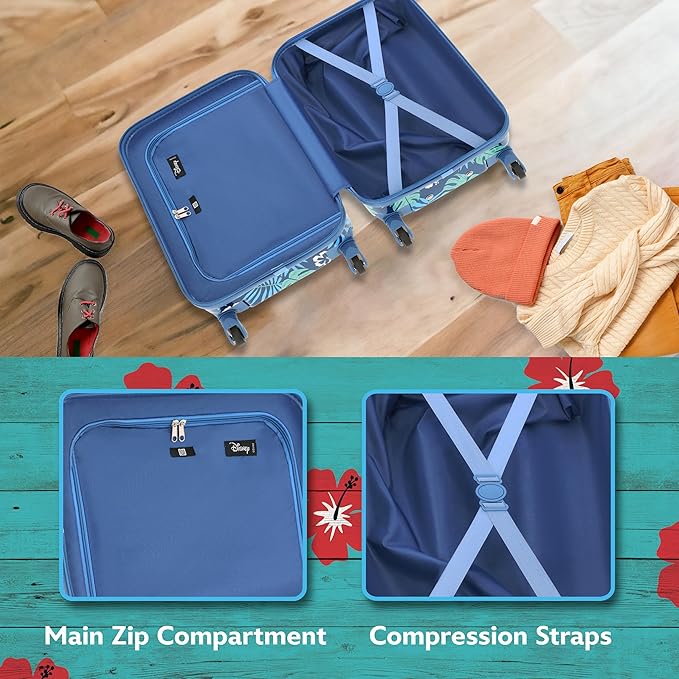 FUL Disney Stitch 21 Inch Kids Carry On Luggage, Hardshell Rolling Suitcase with Spinner Wheels, Blue