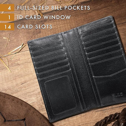 ELIZO Men's Genuine Leather Long Wallet - RFID Blocking Rodeo Checkbook Wallet | Slim Western Bifold Wallet with 16 Card Slots, ID Window | Top Grain Leather Cowboy Wallet