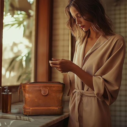 LEATHER VILLAGE Genuine Leather Dopp Kit – Large Travel Toiletry Bag with Waterproof Lining, Dual-Zip Design for Men & Women, Organizer for Shaving, Makeup & Essentials - Tan