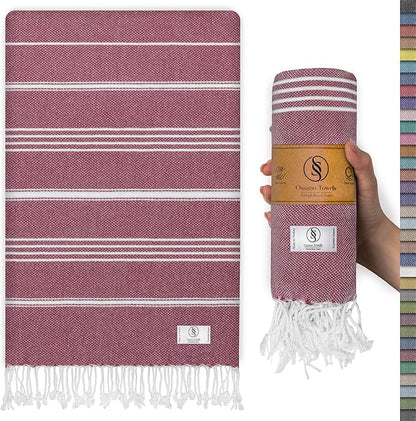 Turkish Beach Towel Lightweight & Striped Extra Large (39" x 71") - Quick Dry, Versatile and Functional as Bath, Yoga Mat, Gym Towel, Travel Blanket, Picnic Blanket - Burgundy