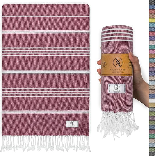 Turkish Beach Towel Lightweight & Striped Extra Large (39" x 71") - Quick Dry, Versatile and Functional as Bath, Yoga Mat, Gym Towel, Travel Blanket, Picnic Blanket - Burgundy