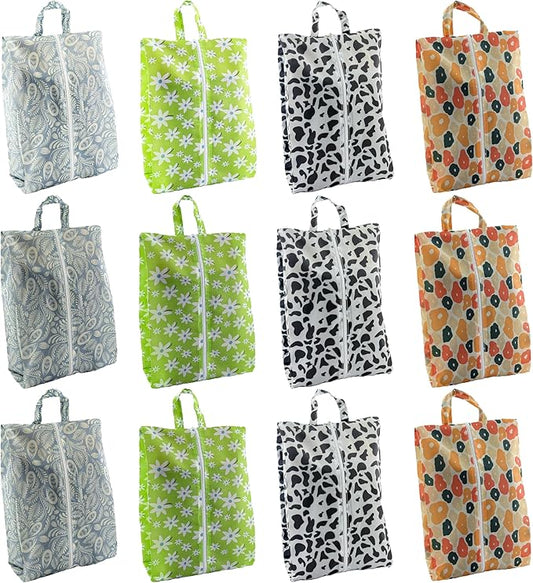Travel Shoe Bags, Set of 12, Large Oxford Fabric Storage Bags with Zipper and Handle, Water-Resistant Pouches (Colorful patterns)