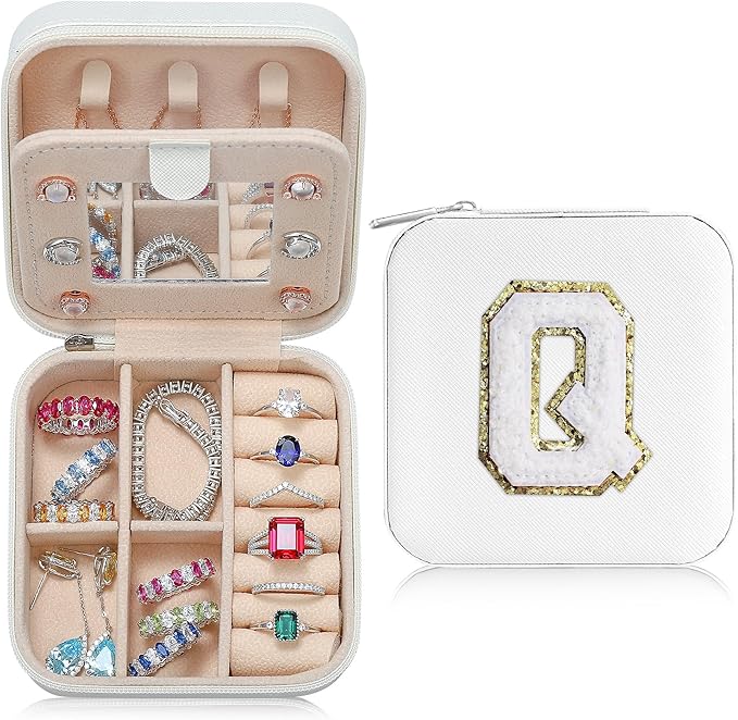 Parima Travel Jewelry Organizer for Women | Necklace, Earrings, Ring Organizer | Jewelry Storage | Travel Gifts for Women - Letter Q, White