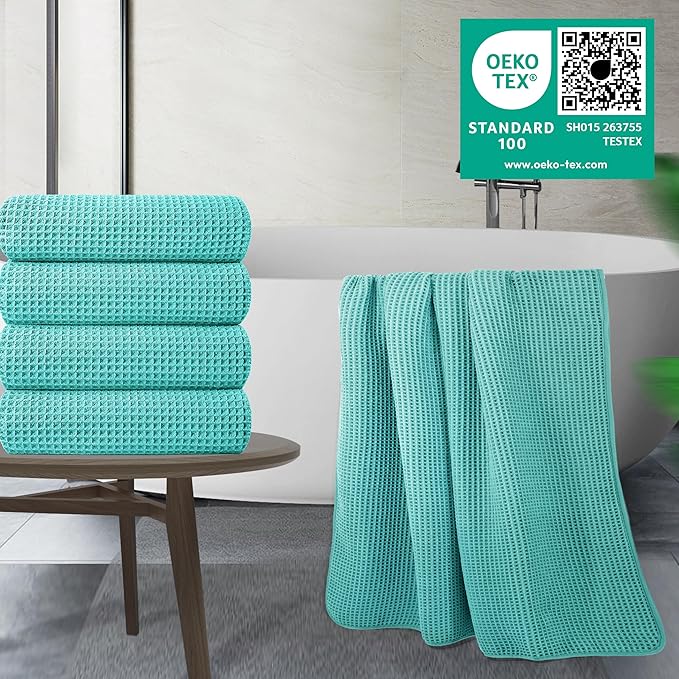 POLYTE Microfiber Oversize Quick Dry Lint Free Bath Towel, 60 x 30 in, 4 Pack (Waffle Weave)