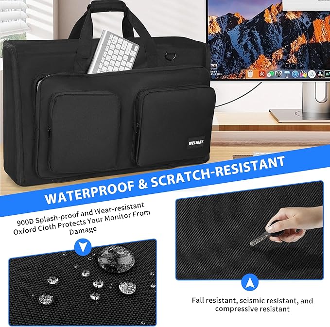 Monitor Carrying Case, Padded Monitor Travel Case, Multi-pocket Monitor Bag for Transporting Screens, Monitors and TVs