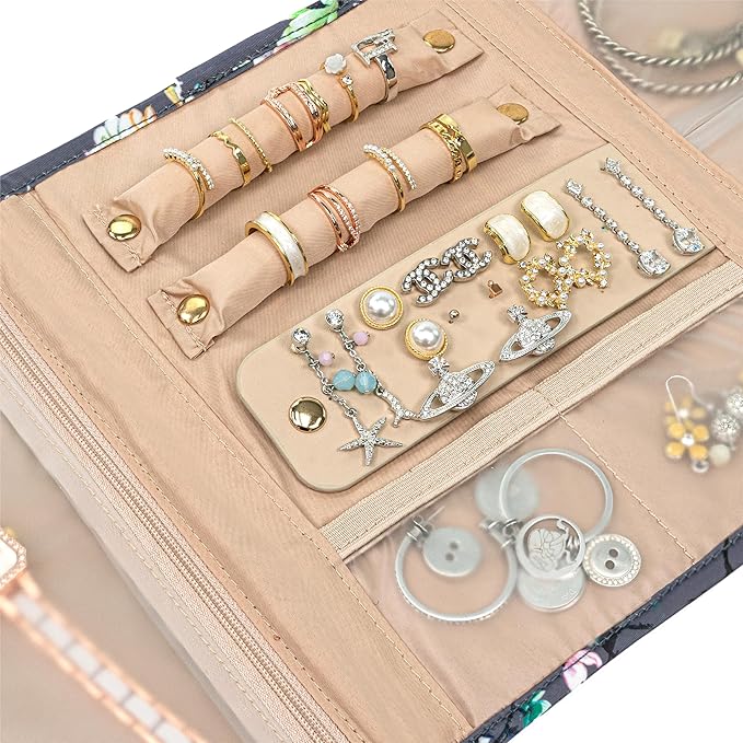 Pavilia Foldable Jewelry Organizer - Travel Roll Bag with Compartments for Earrings, Rings, Necklaces, Bracelets - Packing Accessory