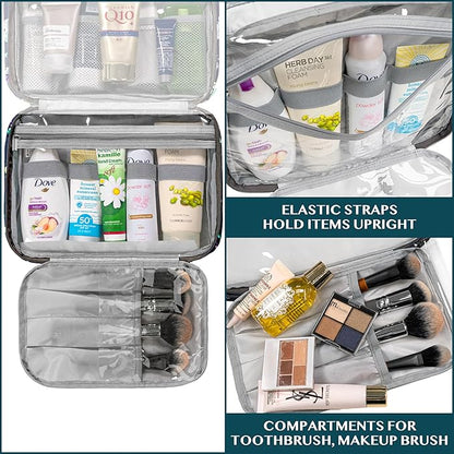 PAVILIA Hanging Toiletry Bag Women Men, Foldable Cosmetic Organizer Travel Bag, Water Resistant Makeup Bag Toiletries, Large Travel Essentials Kit (Grey Floral)