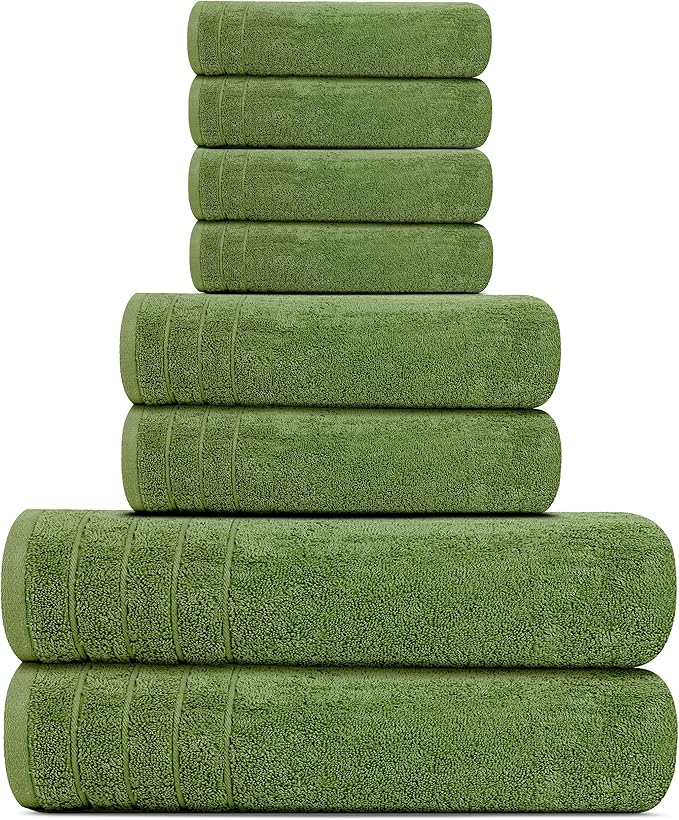 Tens Towels Pack of 8 Towels Set, 2 Extra Large Bath, 2 Hand, 4 Washcloths, 100% Cotton, Lighter Weight, Quicker to Dry, Super Absorbent, Perfect for Bathroom, Green