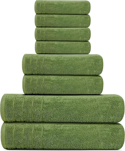 Tens Towels Pack of 8 Towels Set, 2 Extra Large Bath, 2 Hand, 4 Washcloths, 100% Cotton, Lighter Weight, Quicker to Dry, Super Absorbent, Perfect for Bathroom, Green