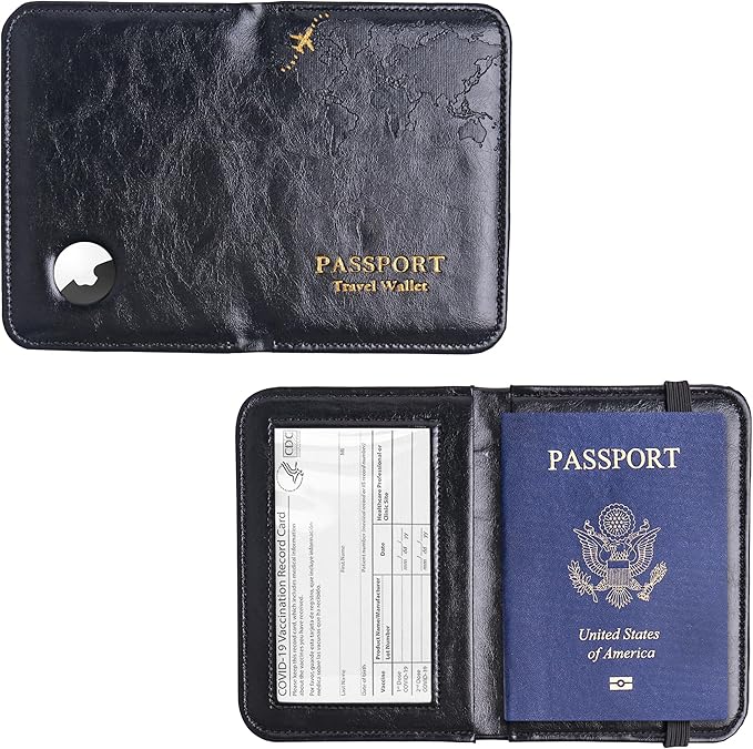 QIELIZI Passport Holder with Airtag Slot, Airtag Passport Wallet for Men Women, Slim Leather Passport Holder Case Family for Travel Anti-Lost(1-Black)