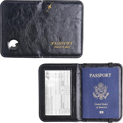 QIELIZI Passport Holder with Airtag Slot, Airtag Passport Wallet for Men Women, Slim Leather Passport Holder Case Family for Travel Anti-Lost(1-Black)