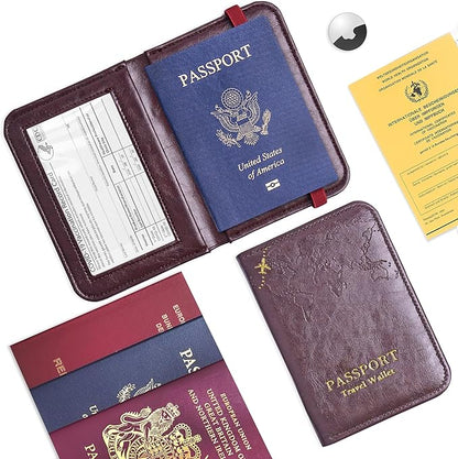 QIELIZI Passport Holder with Airtag Slot, Airtag Passport Wallet for Men Women, Slim Leather Passport Holder Case Family for Travel Anti-Lost(1-Dark Red)