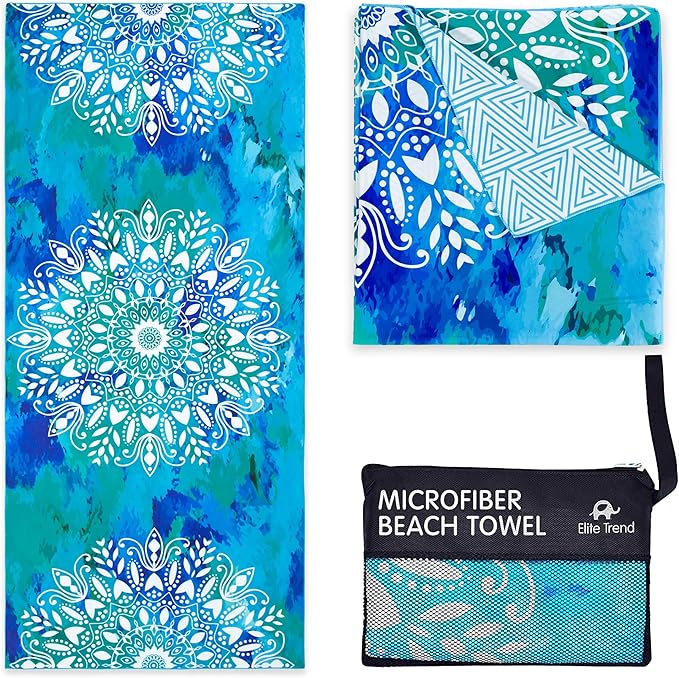Elite Trend Quick Dry Towel Large 63x31 Inch - Microfiber Beach Towel - Perfect for Beach, Travel, Swimming, Pool, Yoga, Hiking, Camping - Lightweight, Fast Drying, Compact for Adults (Mandala Blue)