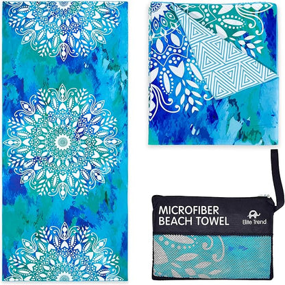 Elite Trend Quick Dry Towel Large 63x31 Inch - Microfiber Beach Towel - Perfect for Beach, Travel, Swimming, Pool, Yoga, Hiking, Camping - Lightweight, Fast Drying, Compact for Adults (Mandala Blue)