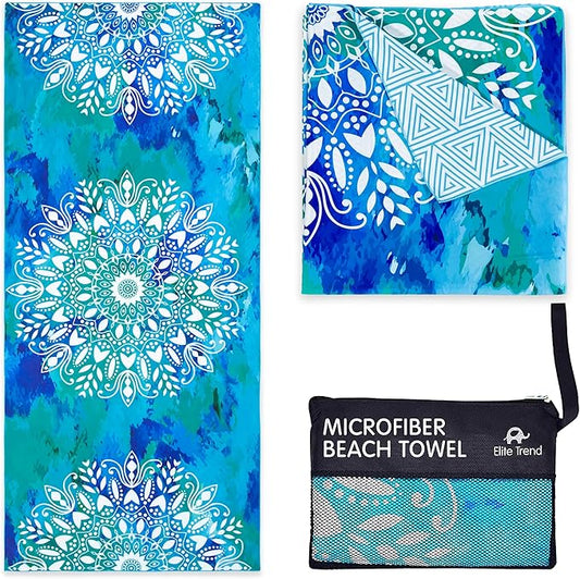 Elite Trend Quick Dry Towel Large 63x31 Inch - Microfiber Beach Towel - Perfect for Beach, Travel, Swimming, Pool, Yoga, Hiking, Camping - Lightweight, Fast Drying, Compact for Adults (Mandala Blue)