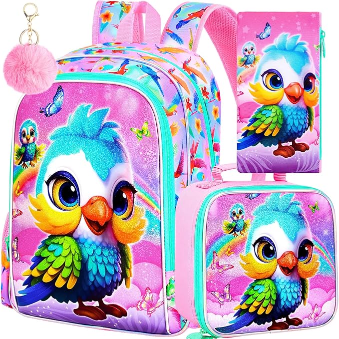 WZLVO 3PCS Backpack for Girls, 16'' Kids Parrot Preschool Bookbag Set, Cute Animal Water Resistant School Backpacks Set for Elementary Kindergarten Teen Travel