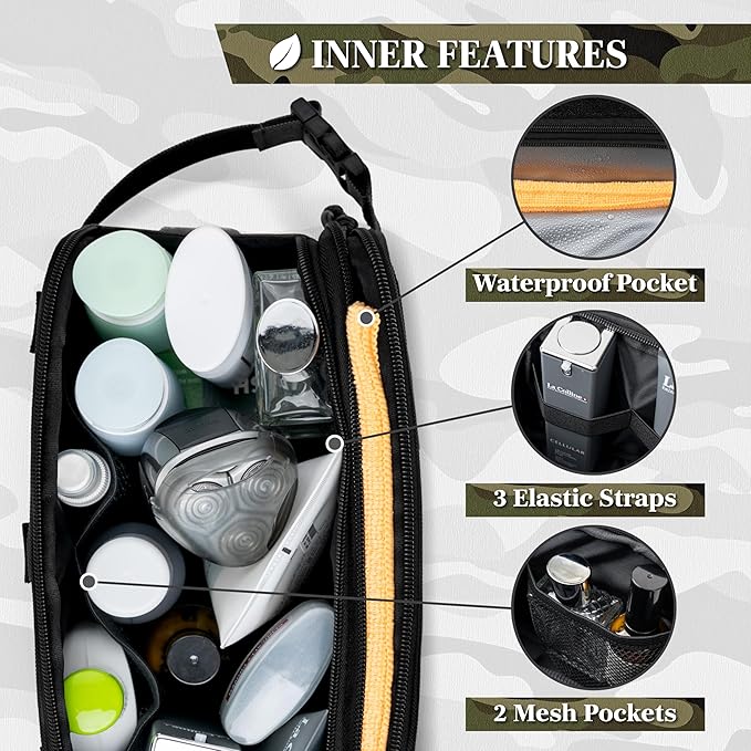 PAVILIA Tactical Toiletry Bag for Men, Travel Hygiene Bag, Military Gear Dopp Kit, Water Resist Molle Accessories Pouch, Mens Shaving Essentials, Gym Bathroom Shower Small Toiletries Tool EDC, Black