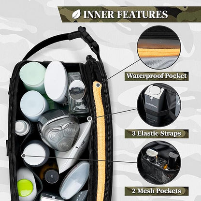 PAVILIA Tactical Toiletry Bag for Men, Travel Hygiene Bag, Military Gear Dopp Kit, Water Resist Molle Accessories Pouch, Mens Shaving Essentials, Gym Bathroom Shower Small Toiletries Tool EDC, Black