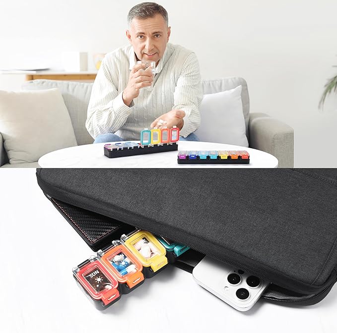 Fullicon Moisture Proof Pill Organizer 2 Times a Day, Large 7 Day Box, Spill Proof Case, Travel Container, Medicine Organizer With Secure Lids (Rainbow Black)