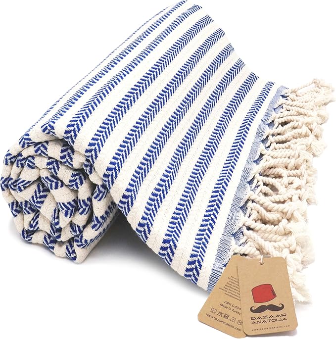 Bazaar Anatolia Turkish Beach Towel – 100% Cotton, Quick Dry, Sand Free Striped Towel for Bathroom and Camping – Oversized 71x39 Inches – Arpa Dark Blue