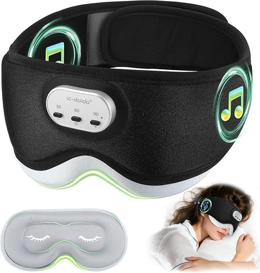 LC-dolida Voice Control Bluetooth Sleep Mask, Bamboo Cotton Bluetooth Sleep Headphones with 3D Zero-Pressure Cups and Timer Setting, Total Blackout Sleep Eye Mask for Side Sleepers, Black