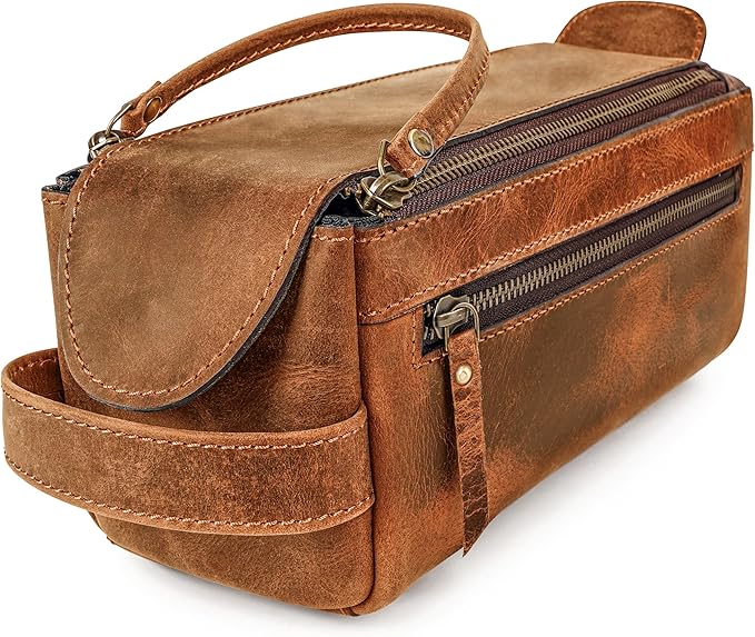 LUXEORIA Genuine Leather Toiletry Bags for Men and Women, Handmade Premium Leather Dopp Kit and Shaving Bag, Cosmetic Bag for Womens and Mens, Travel Essentials & Organizers