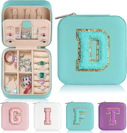 Parima Initial Jewelry Box for Women Girls, Jewelry Travel Case | Chenille Letter Patches Jewelry Box | Multifunctional Personalized Travel Jewelry Case | Birthday Gifts - Letter D, Aqua Blue