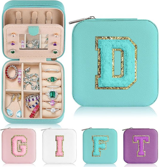 Parima Initial Jewelry Box for Women Girls, Jewelry Travel Case | Chenille Letter Patches Jewelry Box | Multifunctional Personalized Travel Jewelry Case | Birthday Gifts - Letter D, Aqua Blue