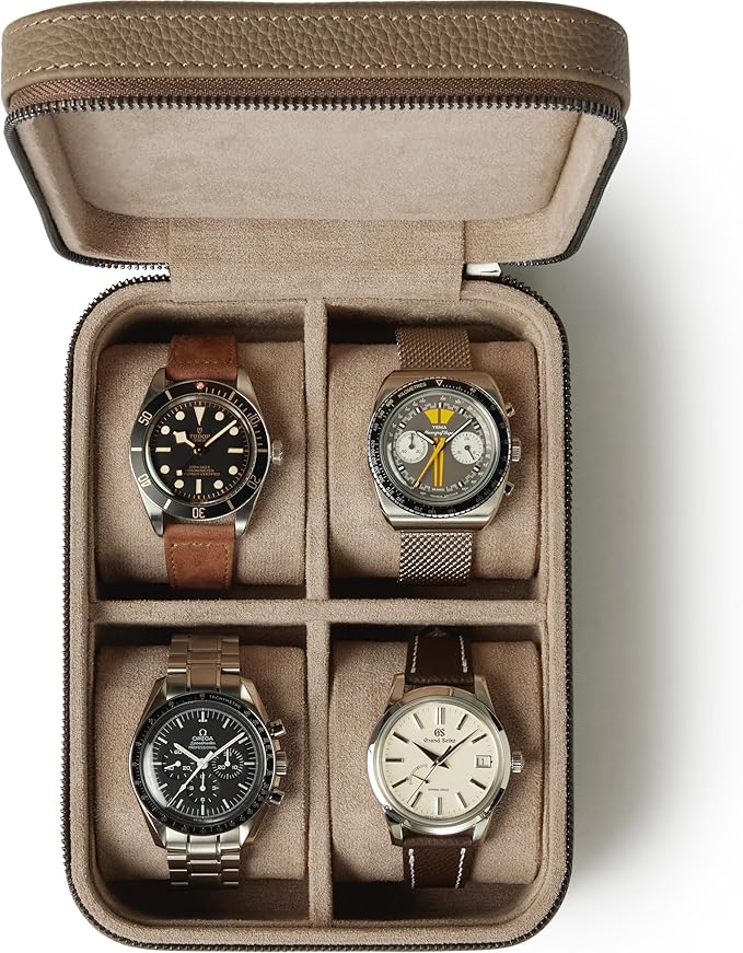 TAWBURY Watch Case - 4 Slot Genuine Top-Grain Leather Watch Box for Men & Women with Extra Wide Pillows for Large Watches - Portable Wristwatch Storage for Home & Travel (Taupe)