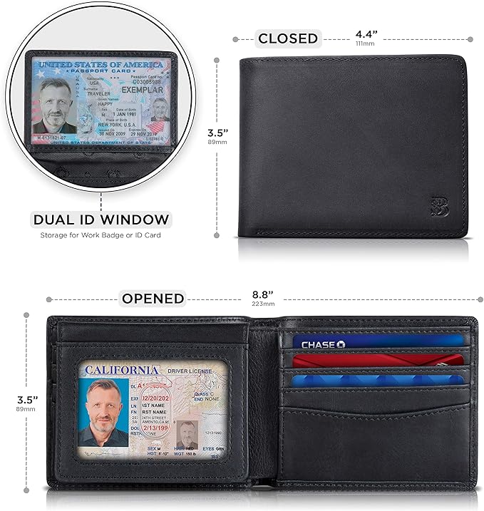 SERMAN BRANDS 2 ID Window Wallet for Men RFID Blocking Leather, Bifold Top Flip, Extra Capacity Travel Wallet