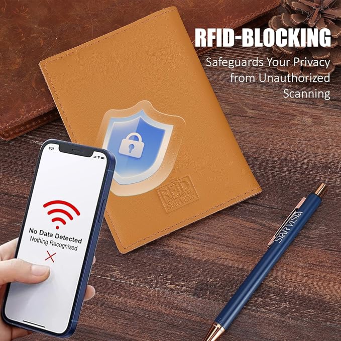 STAR VISTA Albatross Leather Travel Passport Holder, Minimalist Design, Calfskin Leather Case for Women and Men - Slim Passport Wallet, Bifold, RFID Blocking, with AirTag Holder, Honey