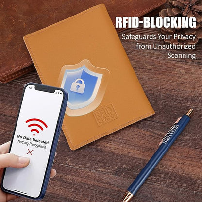 STAR VISTA Albatross Leather Travel Passport Holder, Minimalist Design, Calfskin Leather Case for Women and Men - Slim Passport Wallet, Bifold, RFID Blocking, with AirTag Holder, Honey