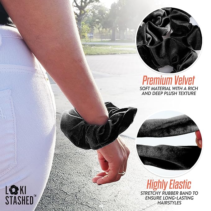 3-PACK Velvet Hair Tie Scrunchies for VSCO Girls & Women, THE ORIGINAL HIDDEN POCKET SCRUNCHIE with Zipper Pocket Storage, Accessories, Small Items, Keys, Money (Triple Black Set)