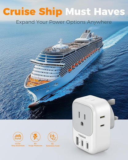 US to UK Plug Adapter 3 Pack, TESSAN Type G Adapter for Travel with 4 Outlets 3 USB (2 USB-C), Power Adaptor for US to UK Ireland London Scotland Kenya Dubai Singapore Hong Kong