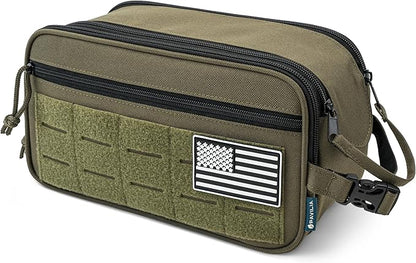 PAVILIA Tactical Toiletry Bag for Men, Travel Hygiene Bag, Military Gear Dopp Kit, Water Resist Molle Accessories Pouch, Mens Shaving Essentials, Gym Bathroom Shower Small Toiletries Tool EDC, Olive