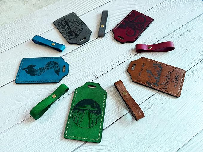 Mayan Corner - Leather Handmade Luggage Tag with UFO Alien Design, Green, ID Window, Brass Hardware