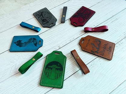 Mayan Corner - Leather Handmade Luggage Tag with UFO Alien Design, Green, ID Window, Brass Hardware